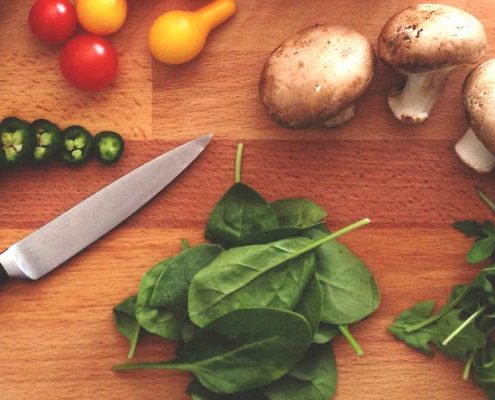 Vegetables on cutting board for healthy meal and food prep