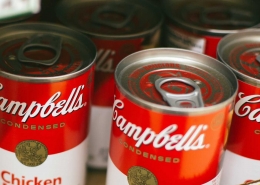 Up close photo of Campbell's soup cans.