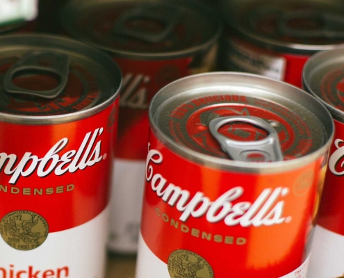 Up close photo of Campbell's soup cans.