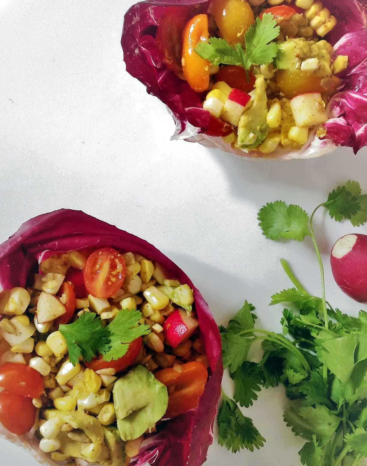 Easy lettuce wraps recipe for vegan Egyptian Spiced Avocado Corn Radish Salad