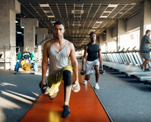 Two male persons doing exercise with dumbbells, training in gym. Fit workout in sport club, healthy lifestyle, fitness