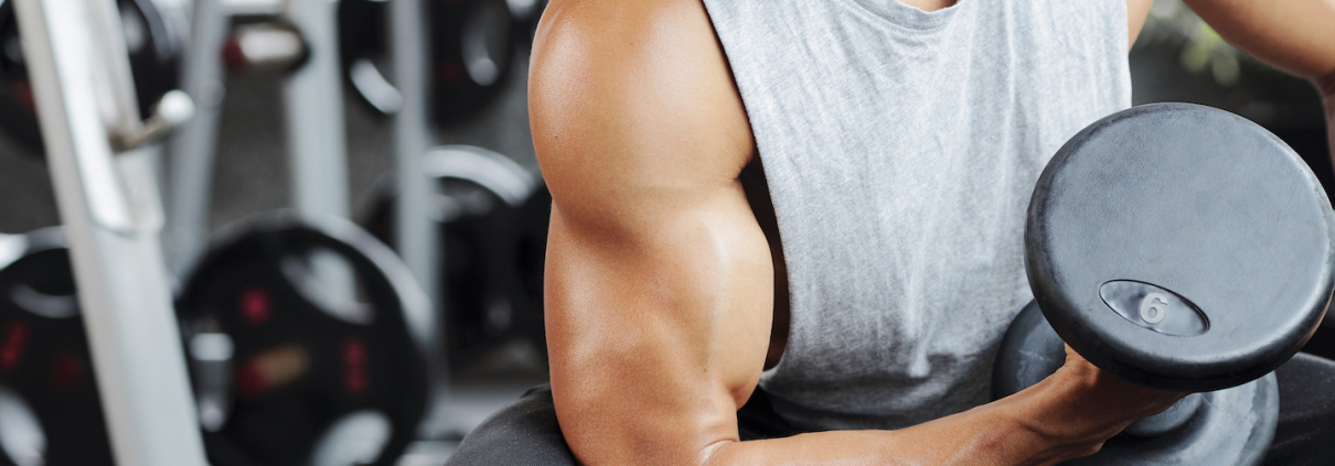 Fit strong man doing biceps curl in gym