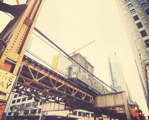 Retro stylized view of Chicago street with subway.