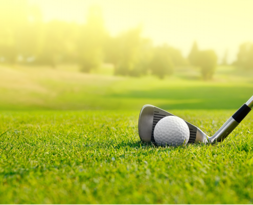 golf ball and club on putting green