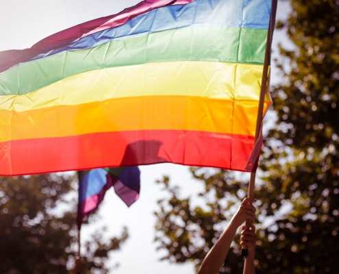 Person holding up a rainbow Pride flag outside