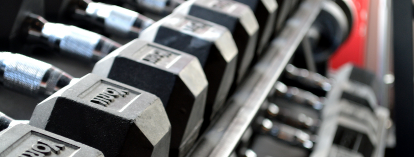 Dumbbells on a weight rack in a gym