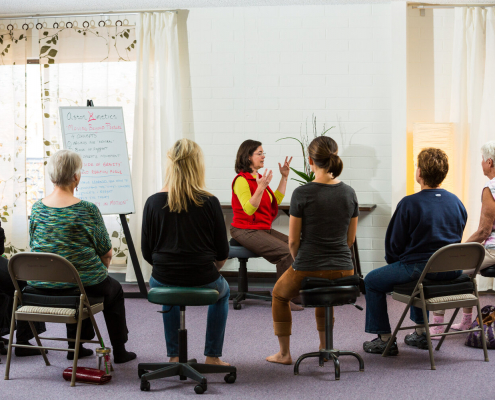 A group of people being taught on how to have proper posture