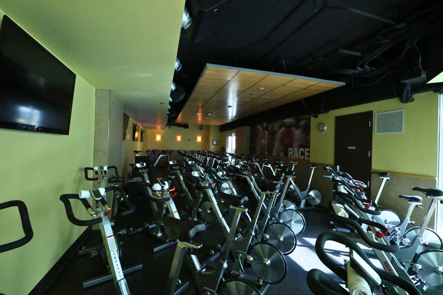 view of the spin room with spin bikes set up