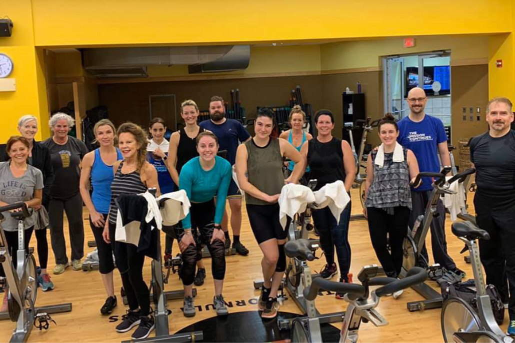 Members after a group fitness spin class at Oak Park gym.