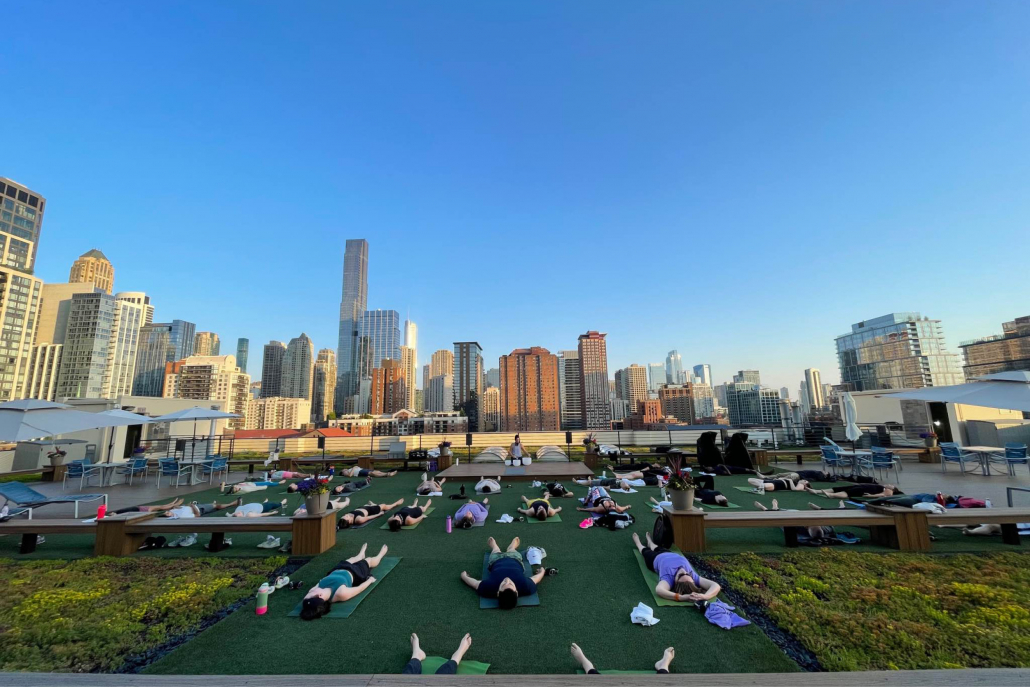 Yoga class on Rooftop Sundeck at Best Gym in Gold Coast.