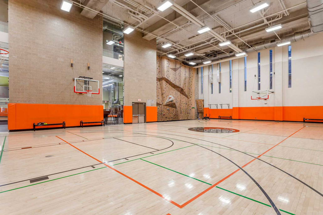 Basketball Court with Climbing Wall inside Oak Park Gym.