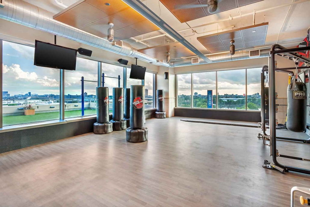 Boxing Studio with Punching Bags at Best Gym in Lincoln Park.