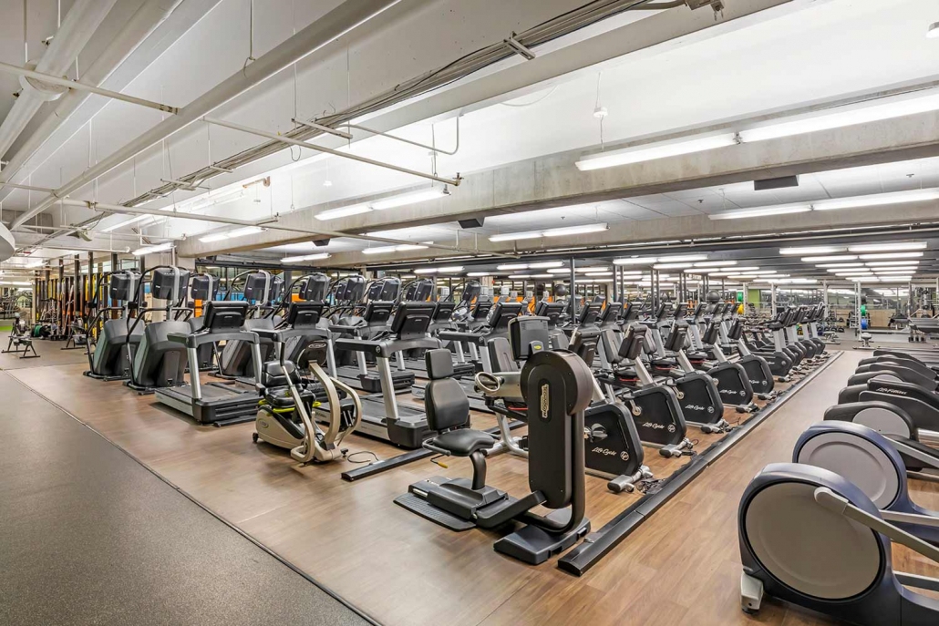 Cardio floor with treadmills and spin bikes at Old Town Chicago gym.