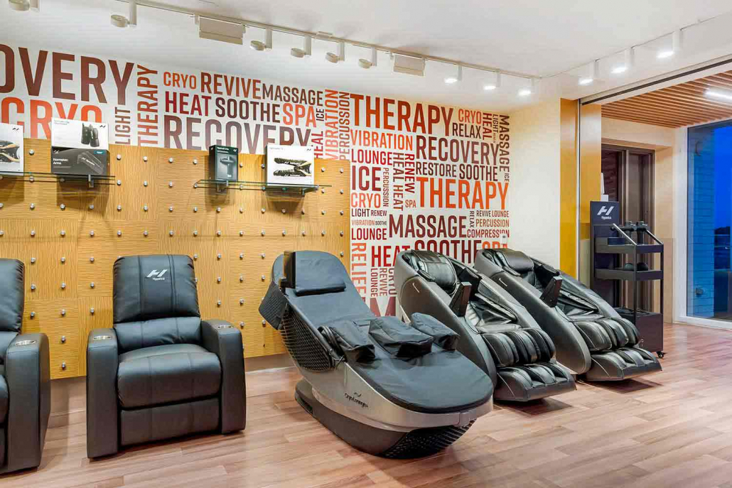 Recovery Lounge with Massage Chairs and Cryo Chairs in side FFC Elmhurst Gym.