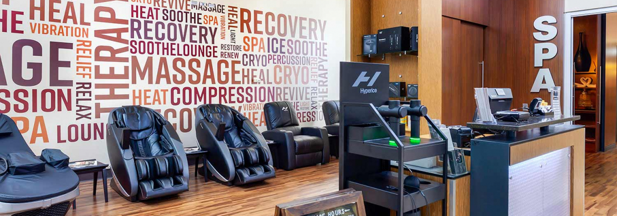 Recovery Lounge with Massage Chairs and Cyro Chairs in side FFC West Loop.