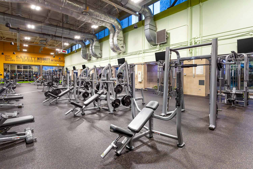 Strength Floor with Benches and Weight Racks inside FFC West Loop.