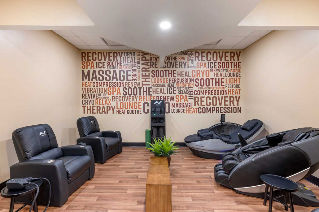 Recovery Lounge with Massage Chairs and Cyro Chairs in side FFC South Loop.