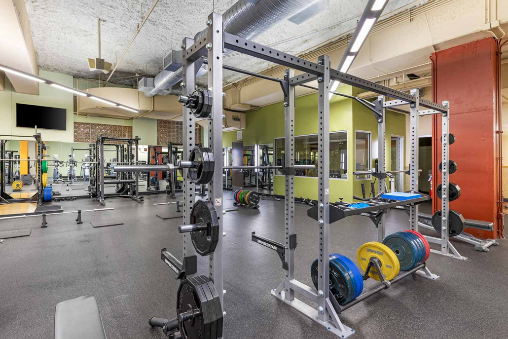 Strength Floor with Squat Racks and Free Weights in FFC South Loop.