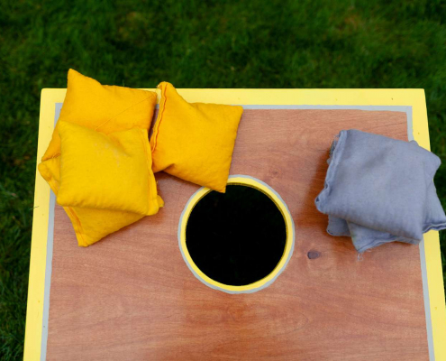 Cornhole set with bags on it