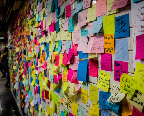 Post it notes on a board