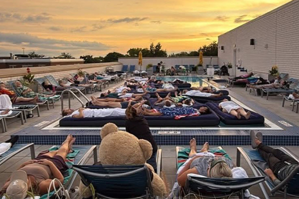 Outdoor Soundbath at FFC Elmhurst on their outdoor rooftop pool deck